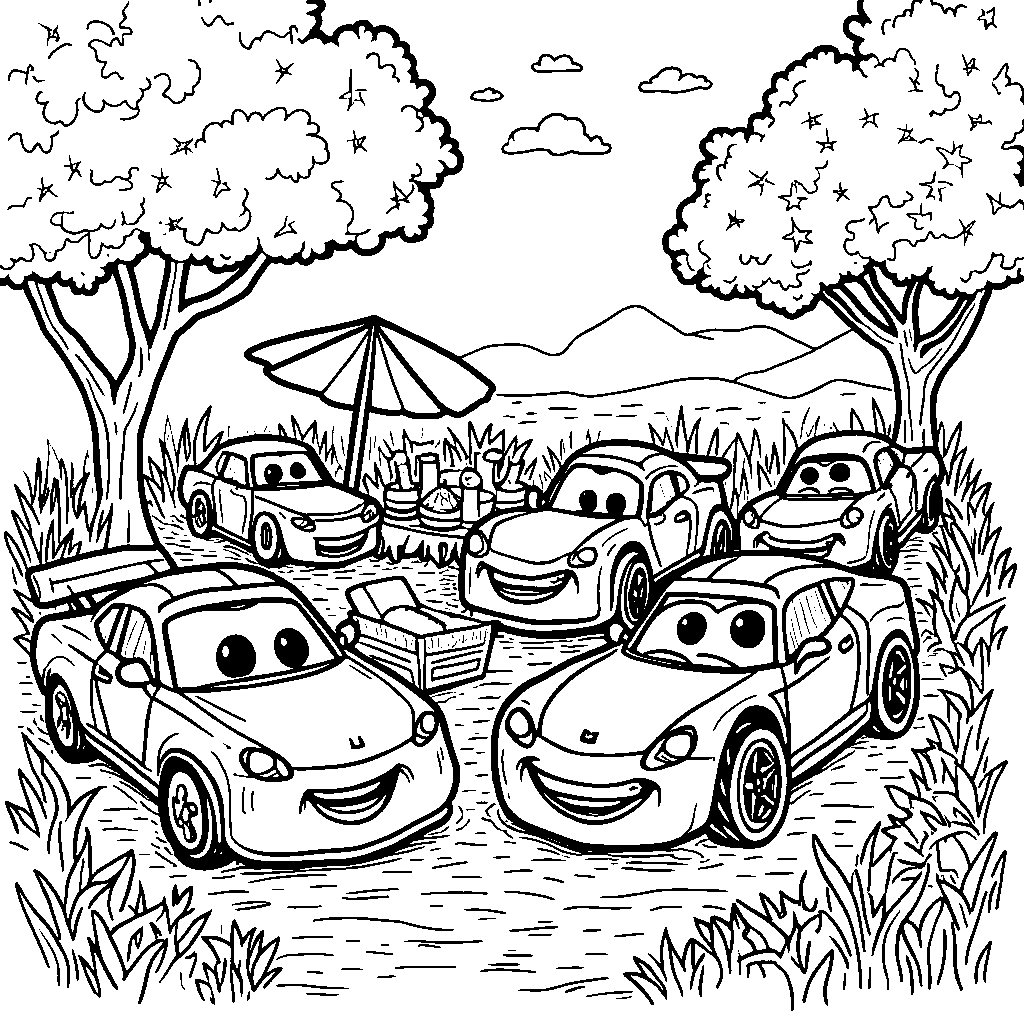 Hot Wheels cars having a picnic in a park