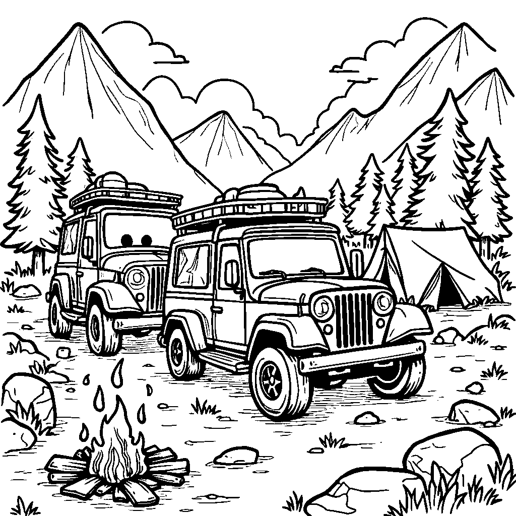 Hot Wheels cars on a camping adventure in the mountains