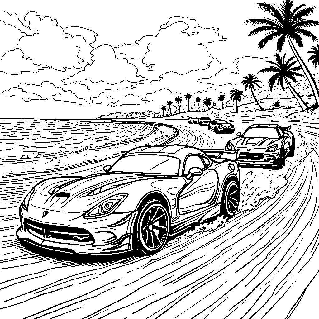 Hot Wheels cars racing on a beach with palm trees