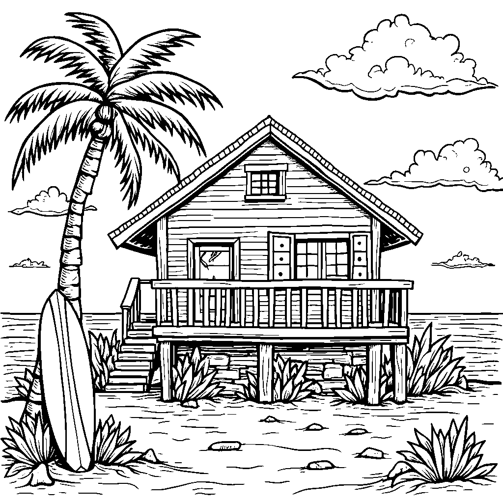 A beach house with a surfboard and palm trees