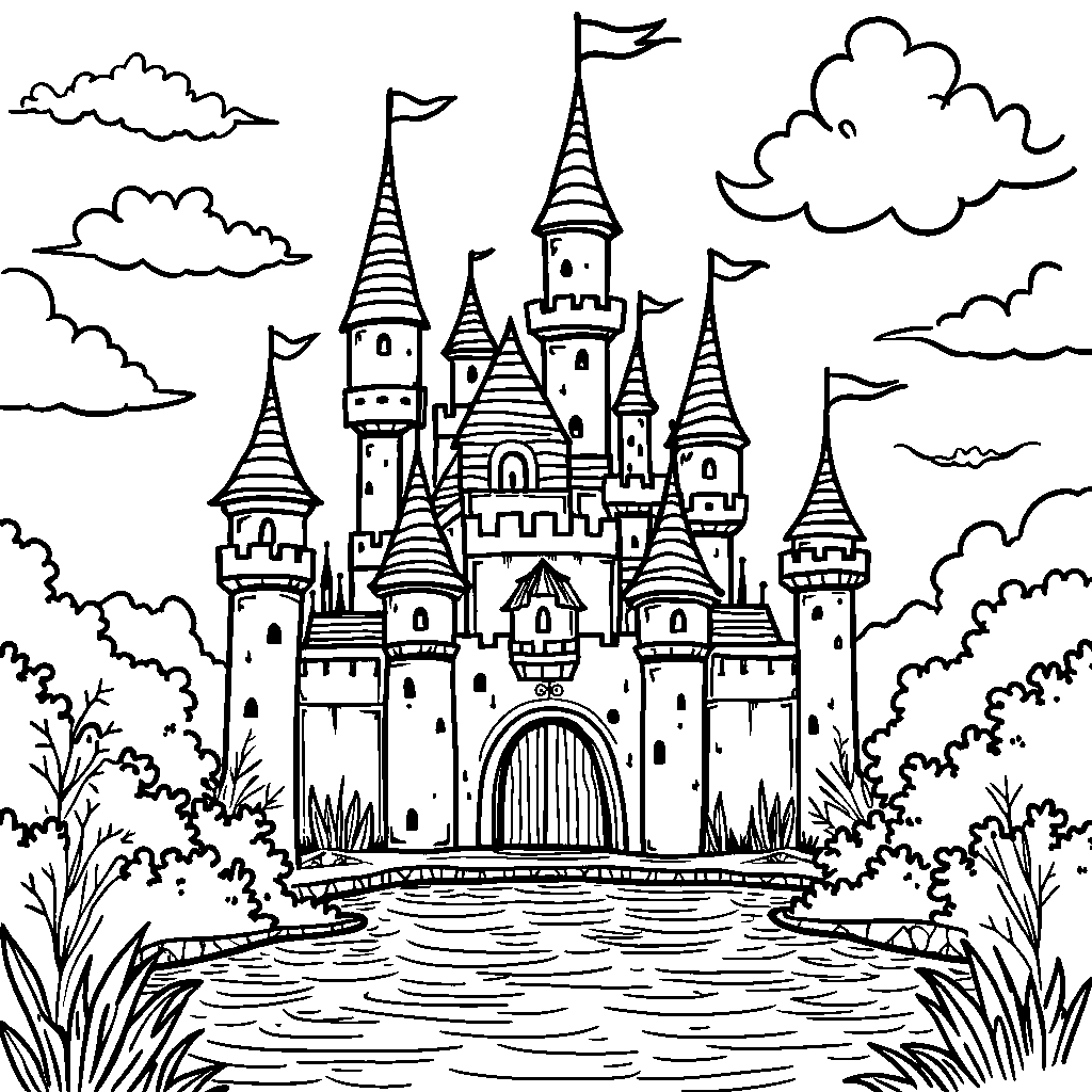 A fairy tale castle with towers and a moat