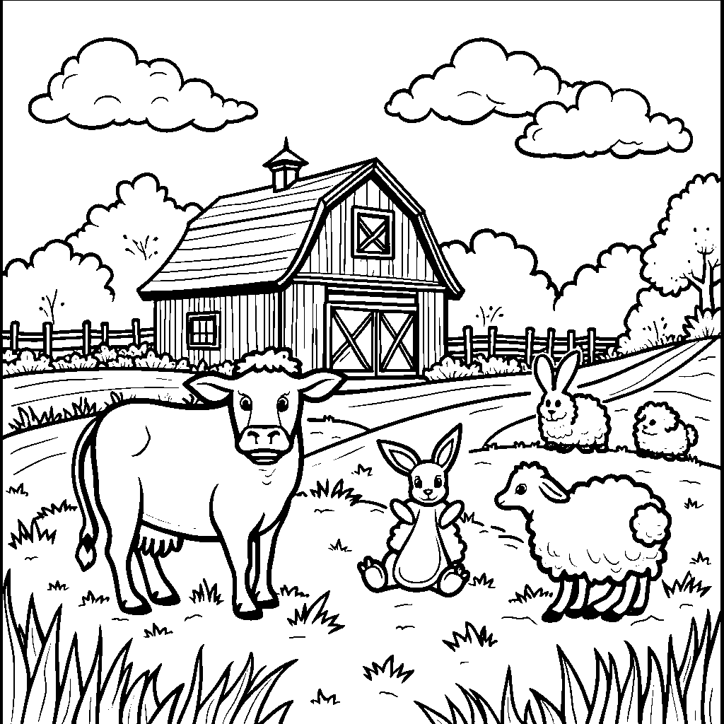 A farm house with animals and a barn