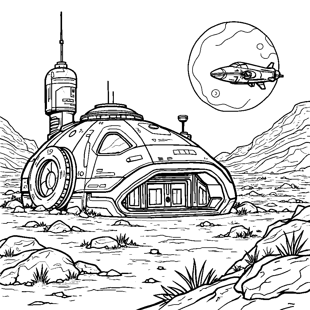 A futuristic house on Mars with robots