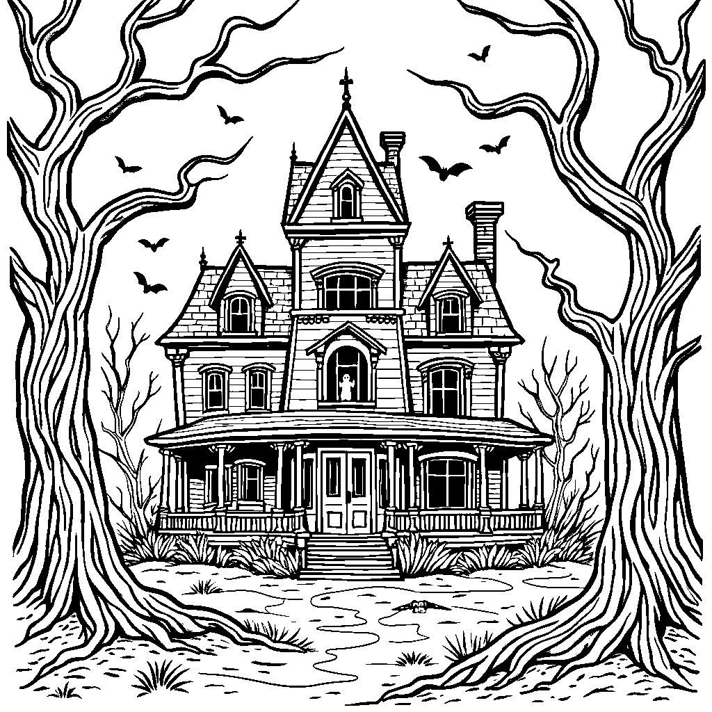 A haunted mansion with ghosts and bats