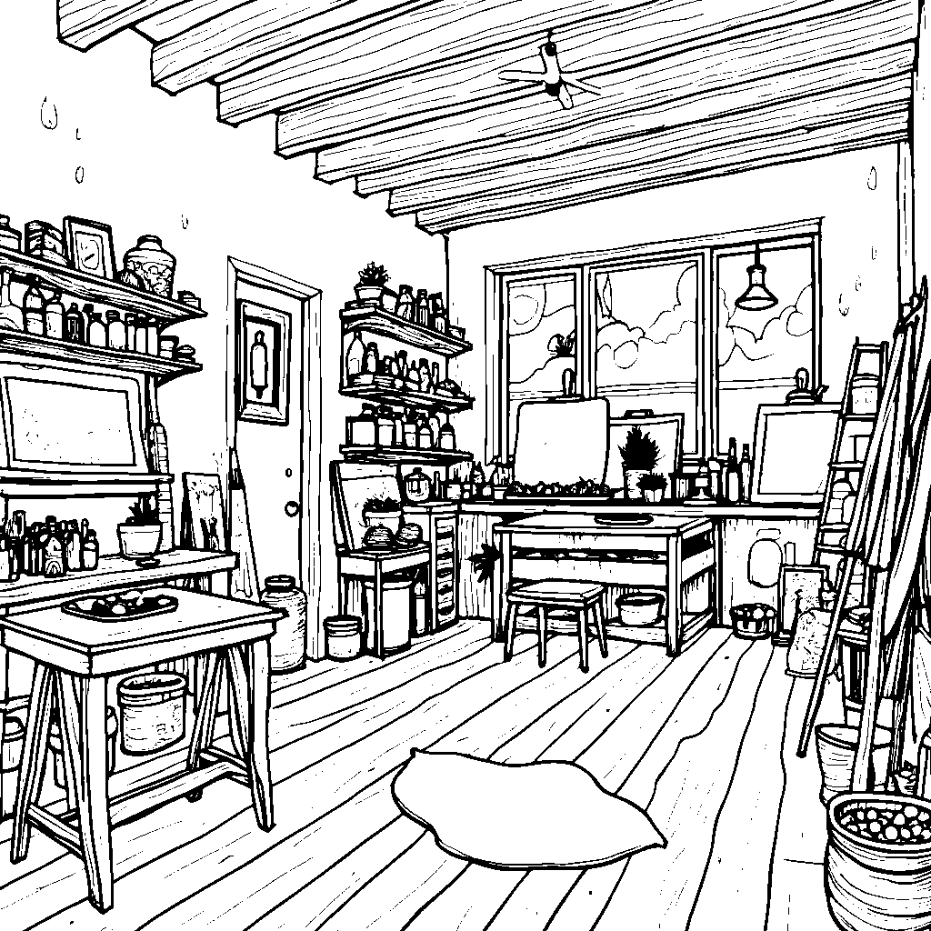 A house with a big art studio and paint supplies