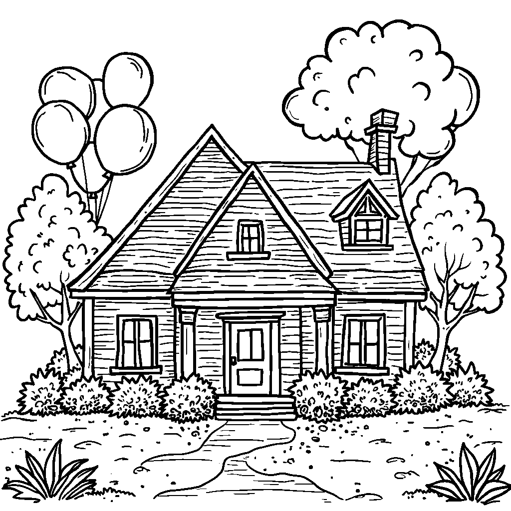 A house with a big birthday party and balloons