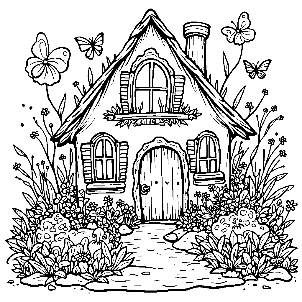 A house with a big fairy garden and tiny furniture