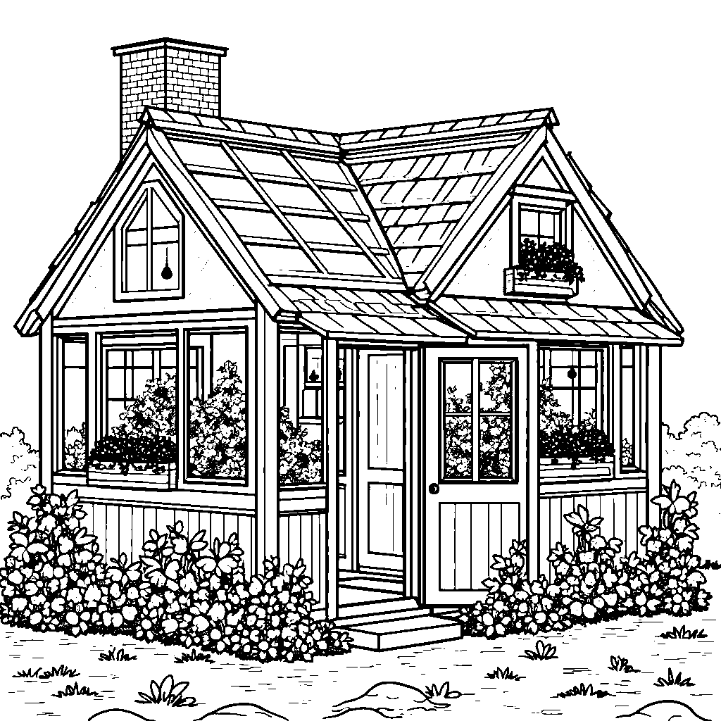 A house with a big greenhouse and plants