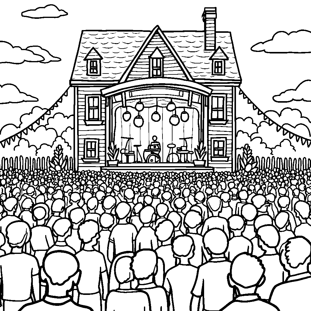 A house with a big music festival and stage