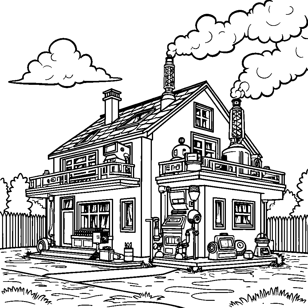 A house with a big robot factory and machinery