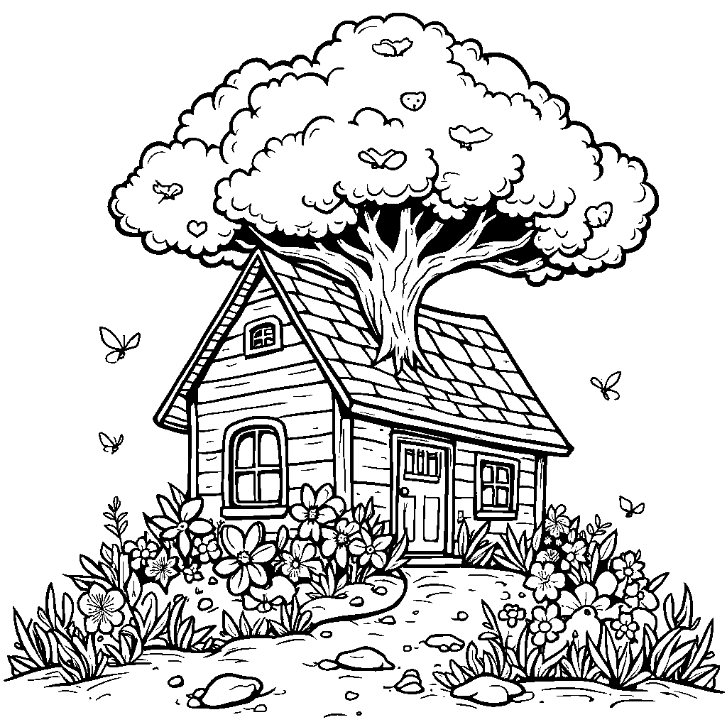 A house with a big tree growing through the roof