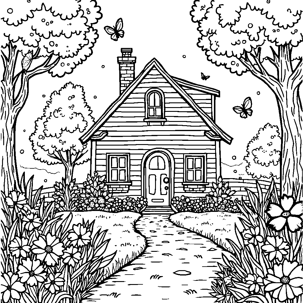 A house with a garden full of butterflies and flowers