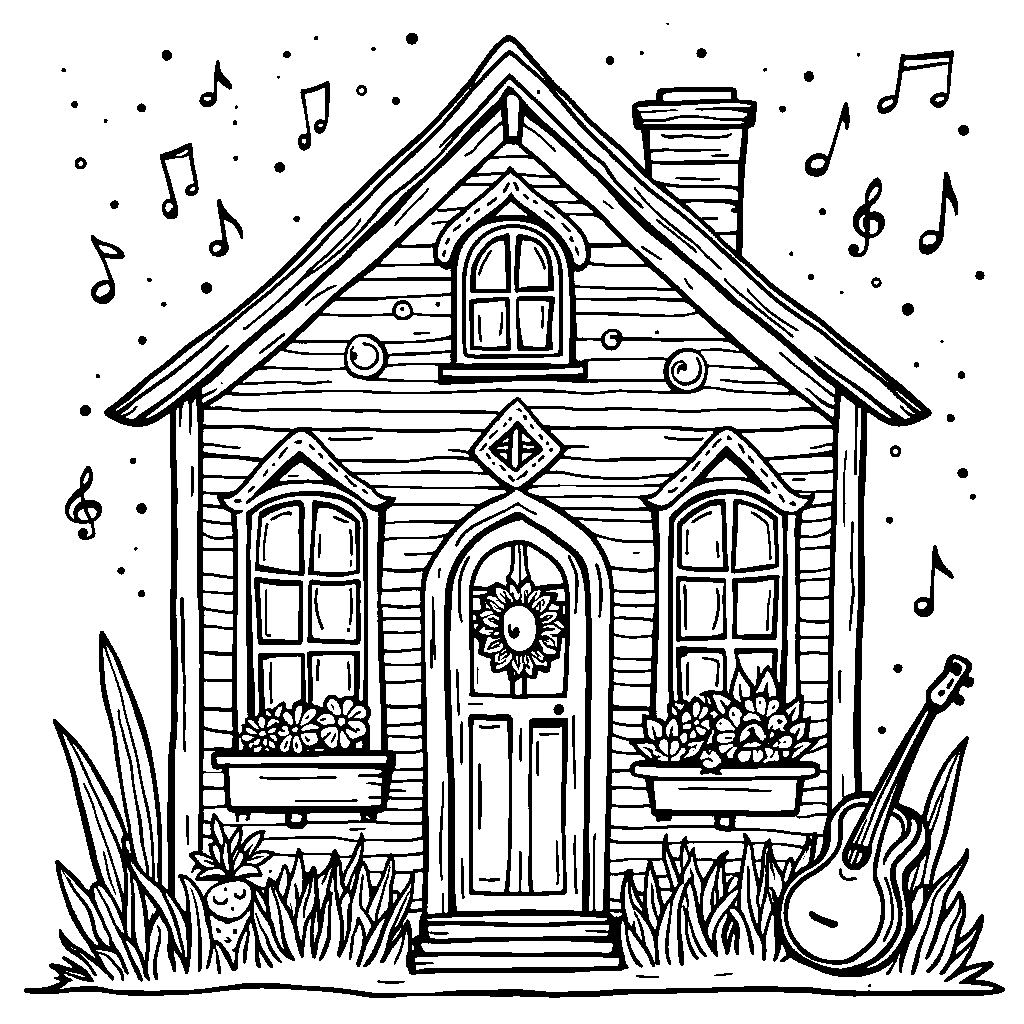 A house with a music room and instruments