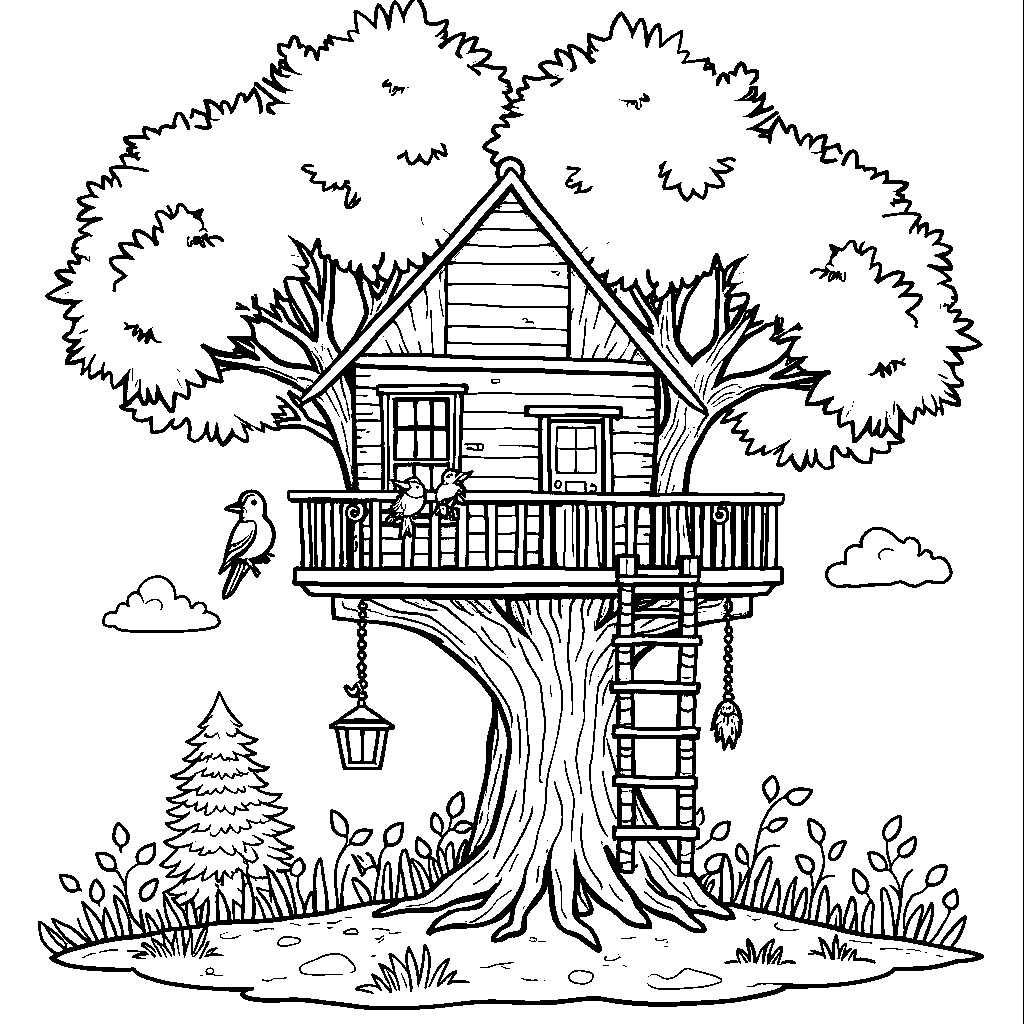 A treehouse with a rope ladder and birds