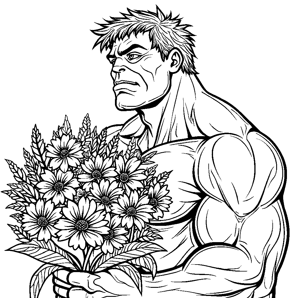 Hulk holding a bouquet of colorful flowers