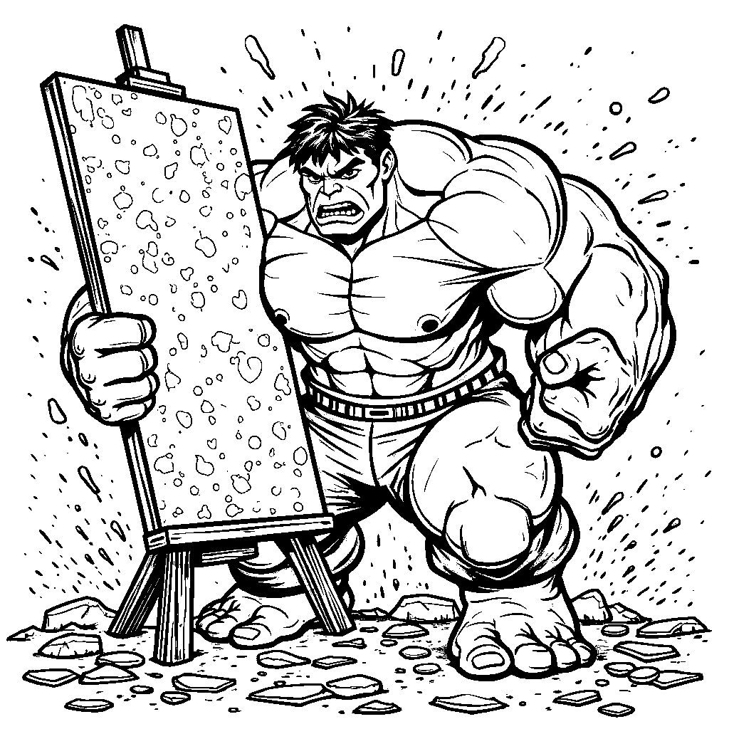 Hulk's massive hands holding a giant paint-splattered canvas