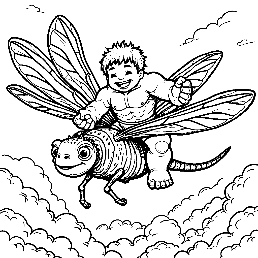 Hulk riding a dragonfly with colorful wings