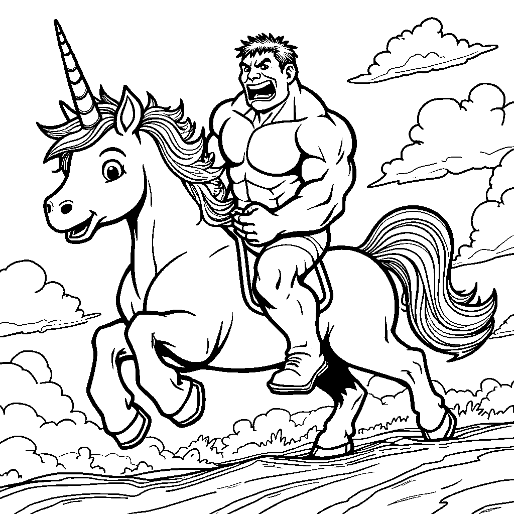 Hulk riding a unicorn with a colorful mane