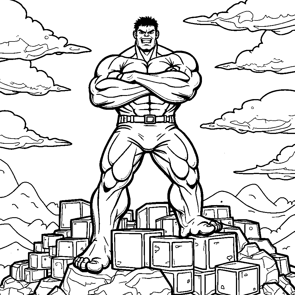 Hulk standing on a mountain of colorful blocks