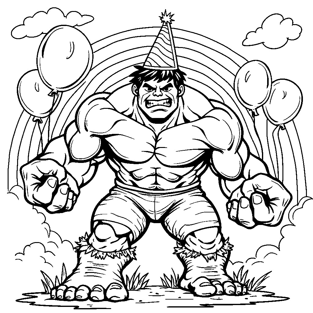 Hulk surrounded by a rainbow of balloons