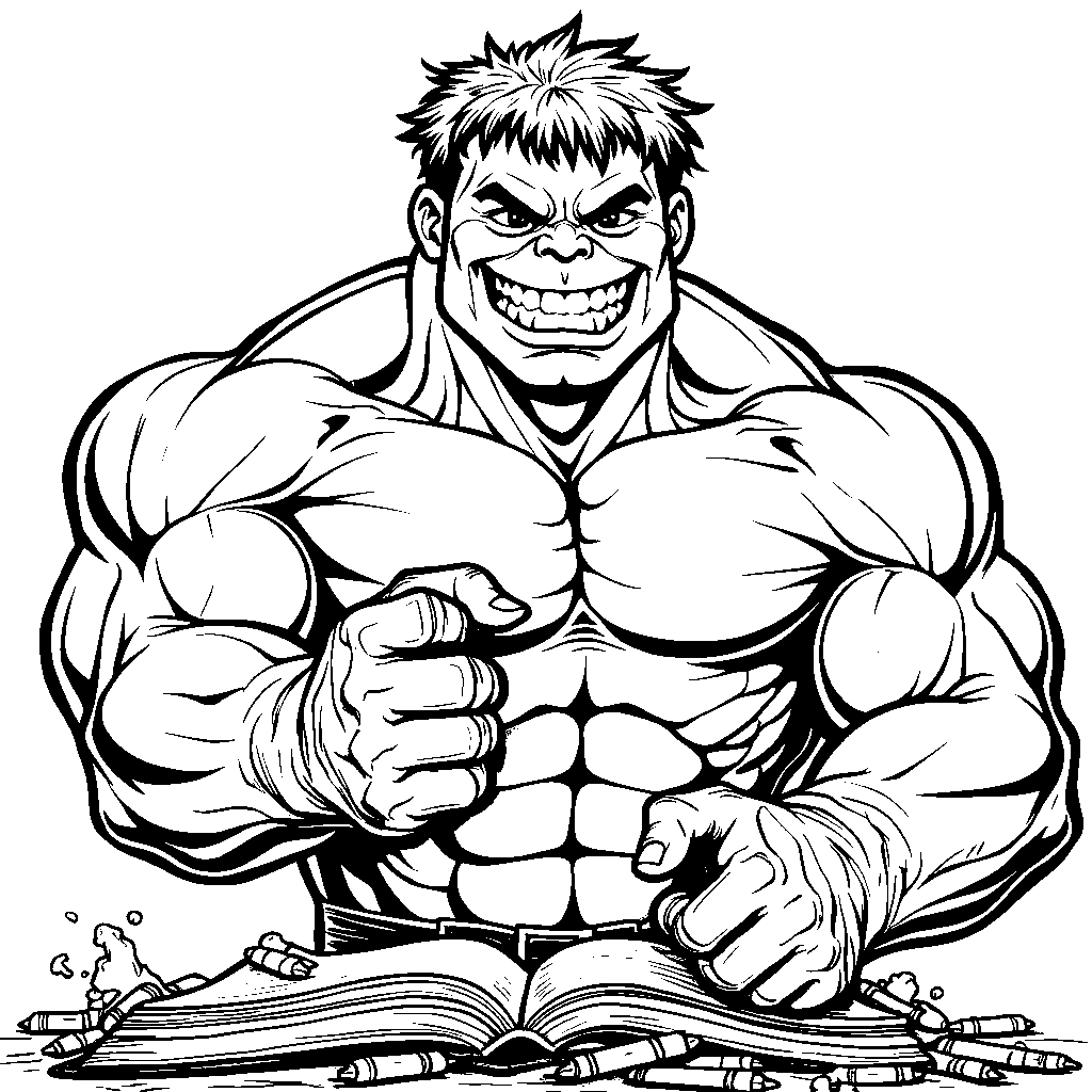 Hulk's massive arms holding a giant coloring book