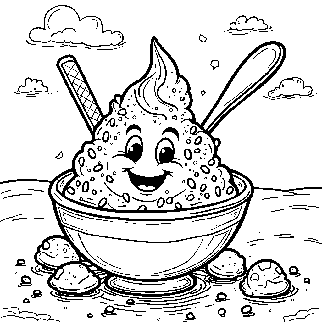 A bowl of ice cream with a spoon and a happy face