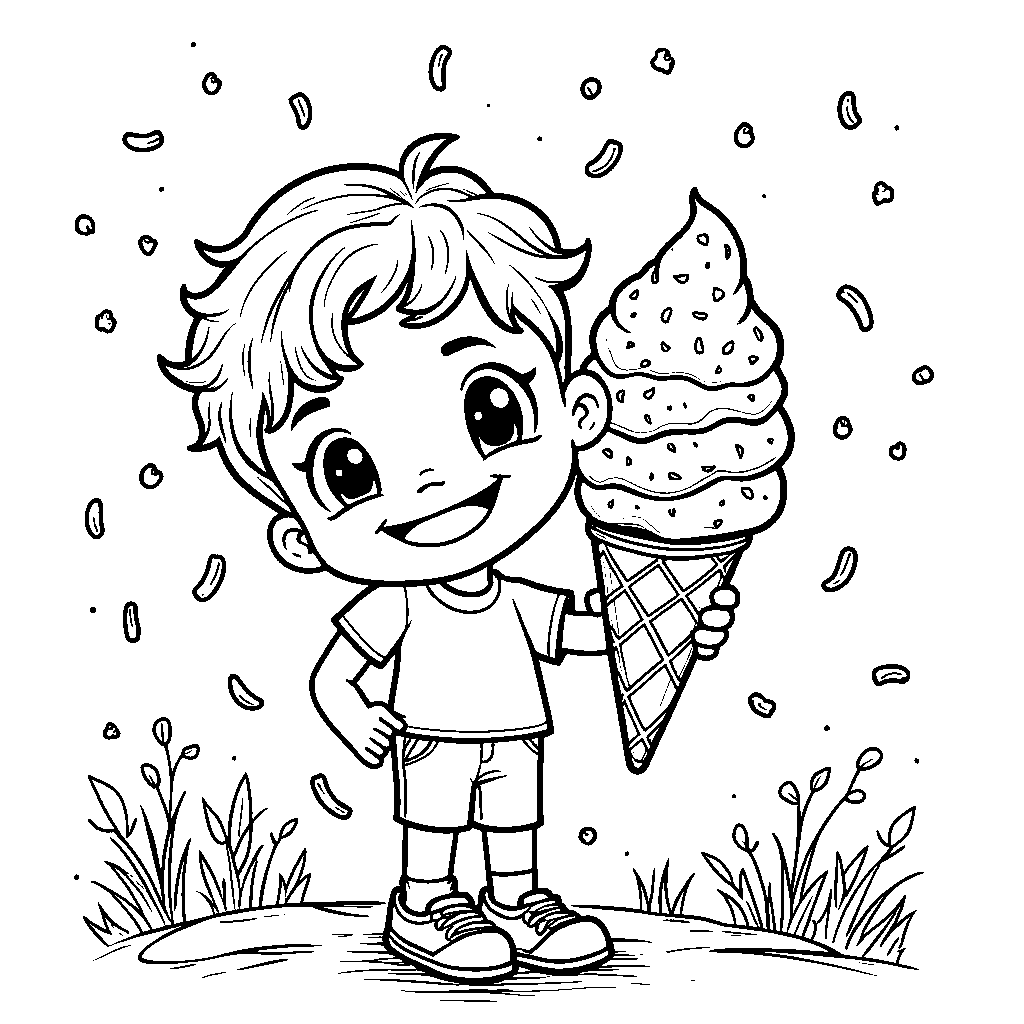 A happy kid holding a giant ice cream cone