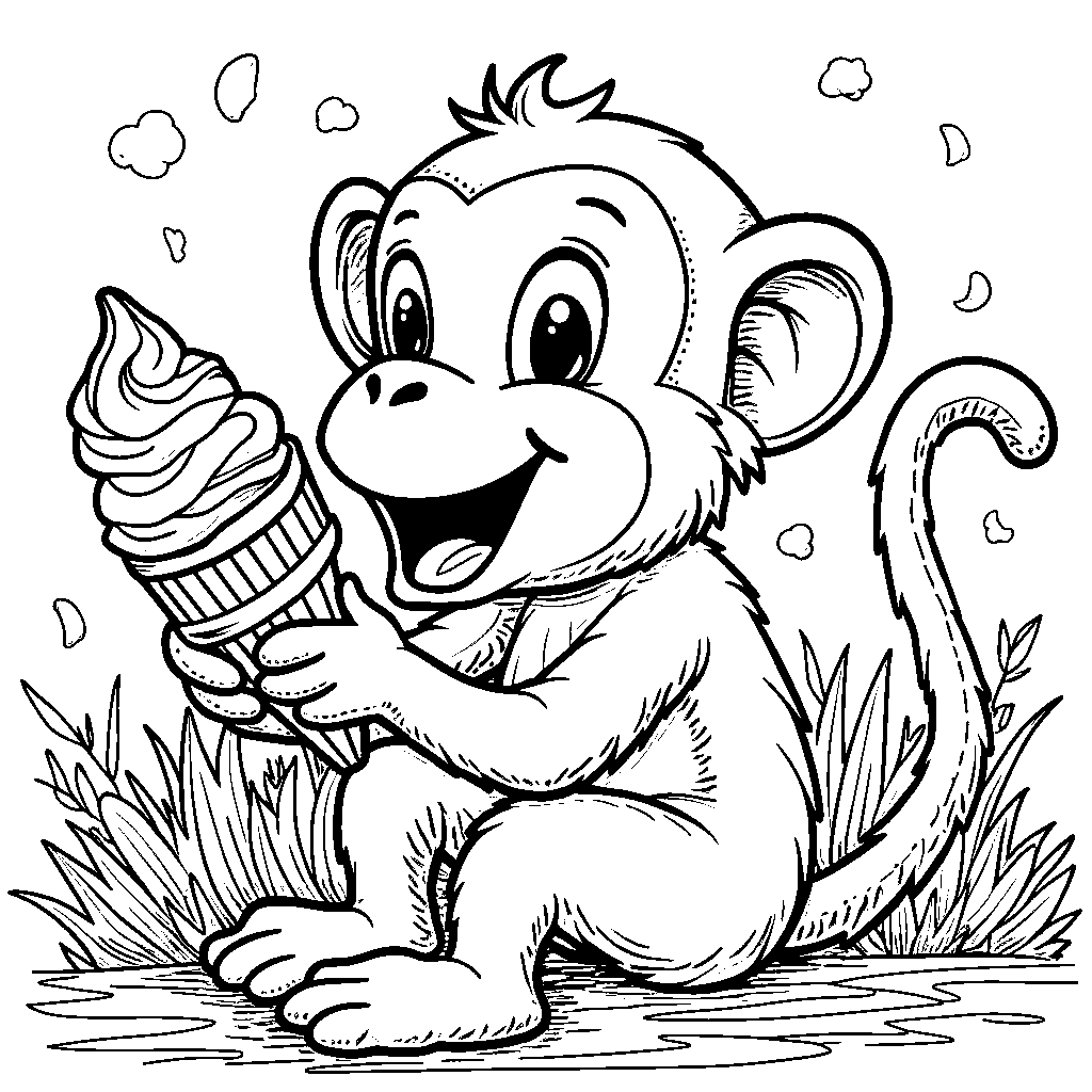 A happy monkey eating an ice cream cone