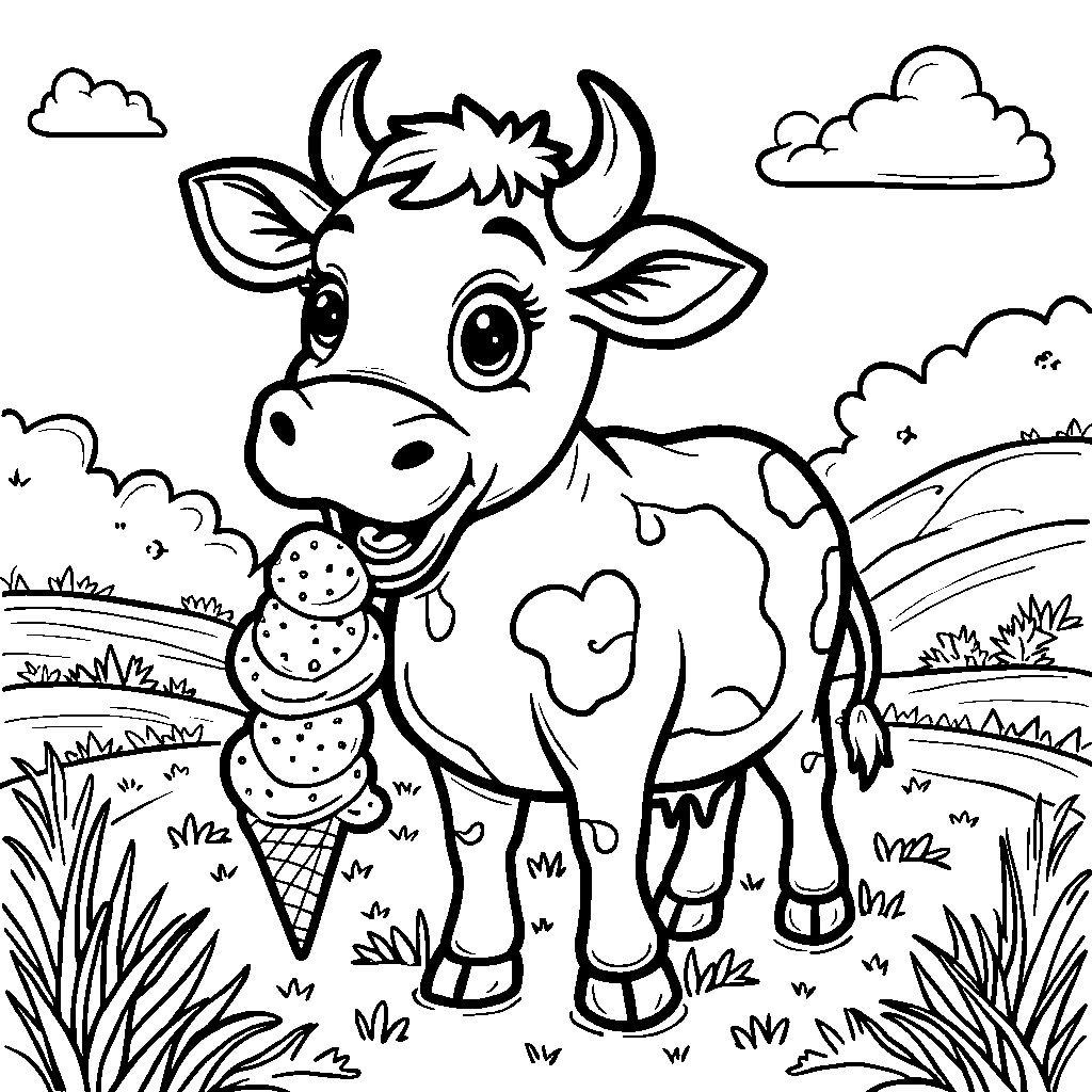 Cow eating an ice cream cone in a green field