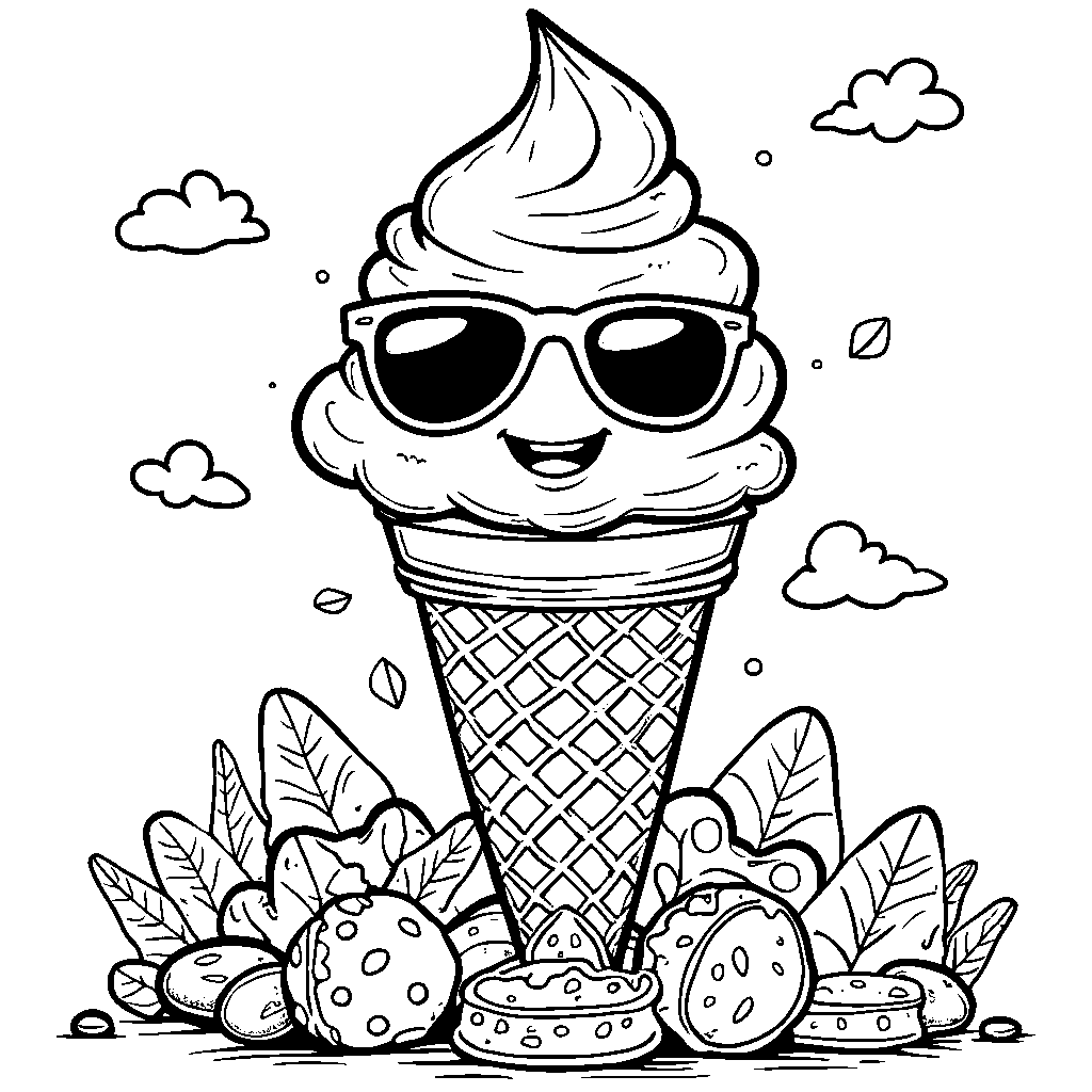 Ice cream cone with a face and sunglasses