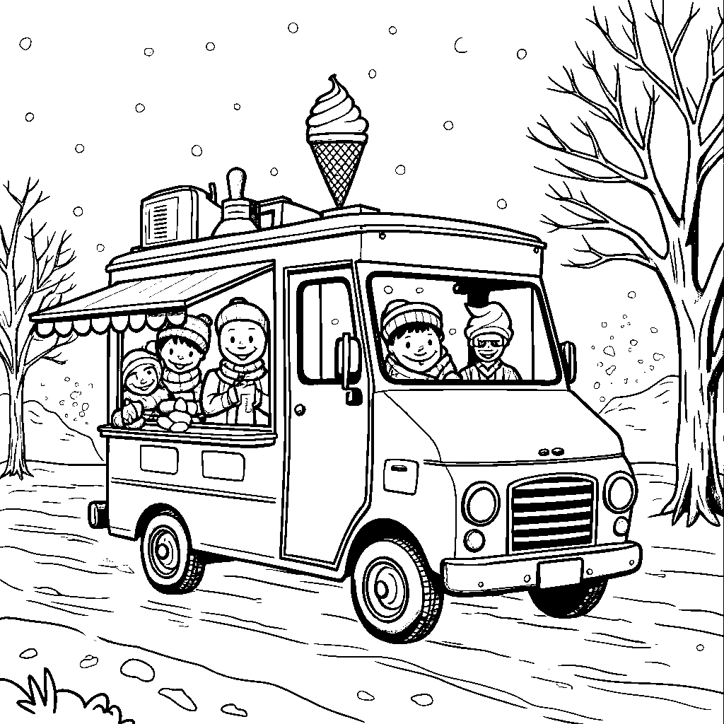 Ice cream truck driving through a snowy day