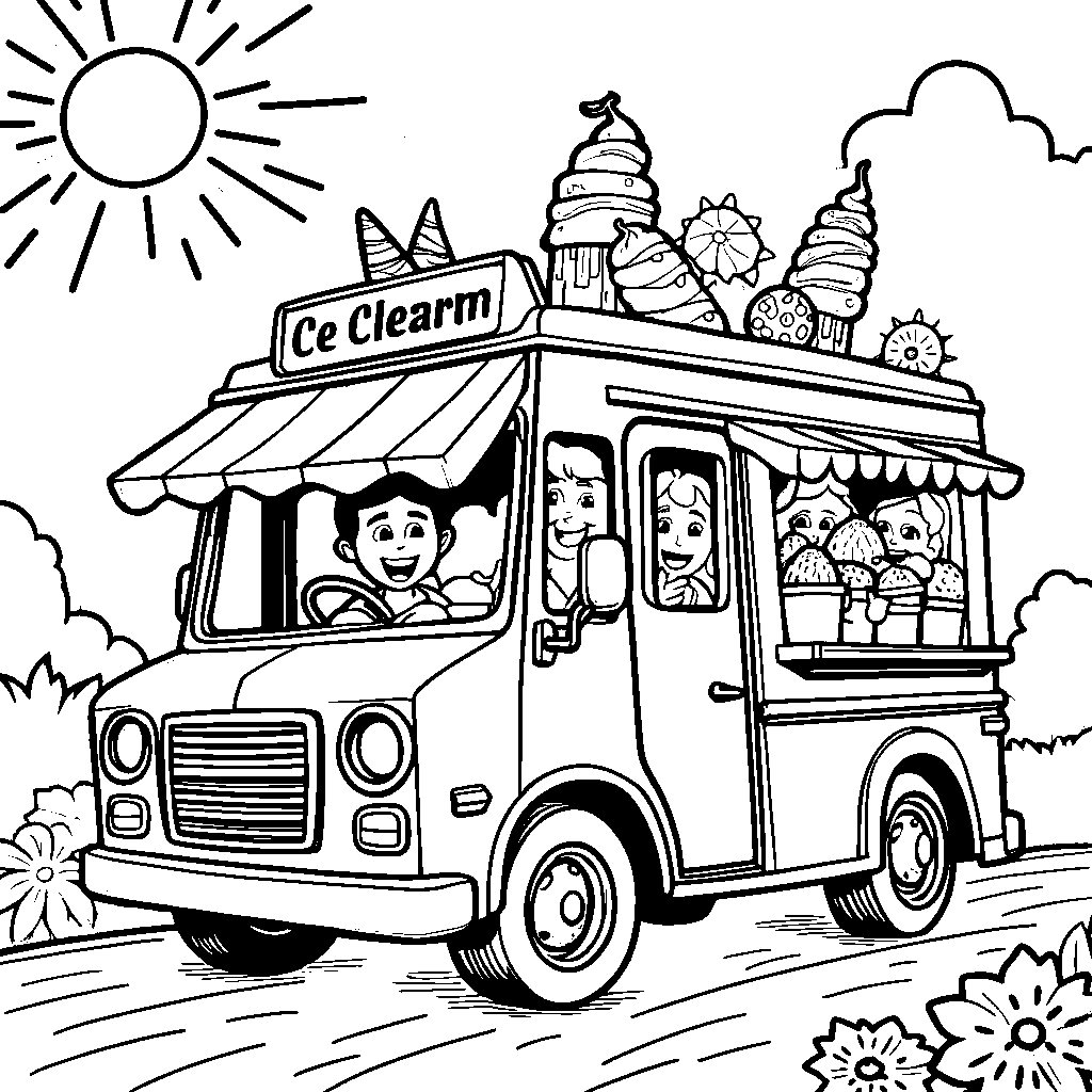 Ice cream truck driving through a sunny day