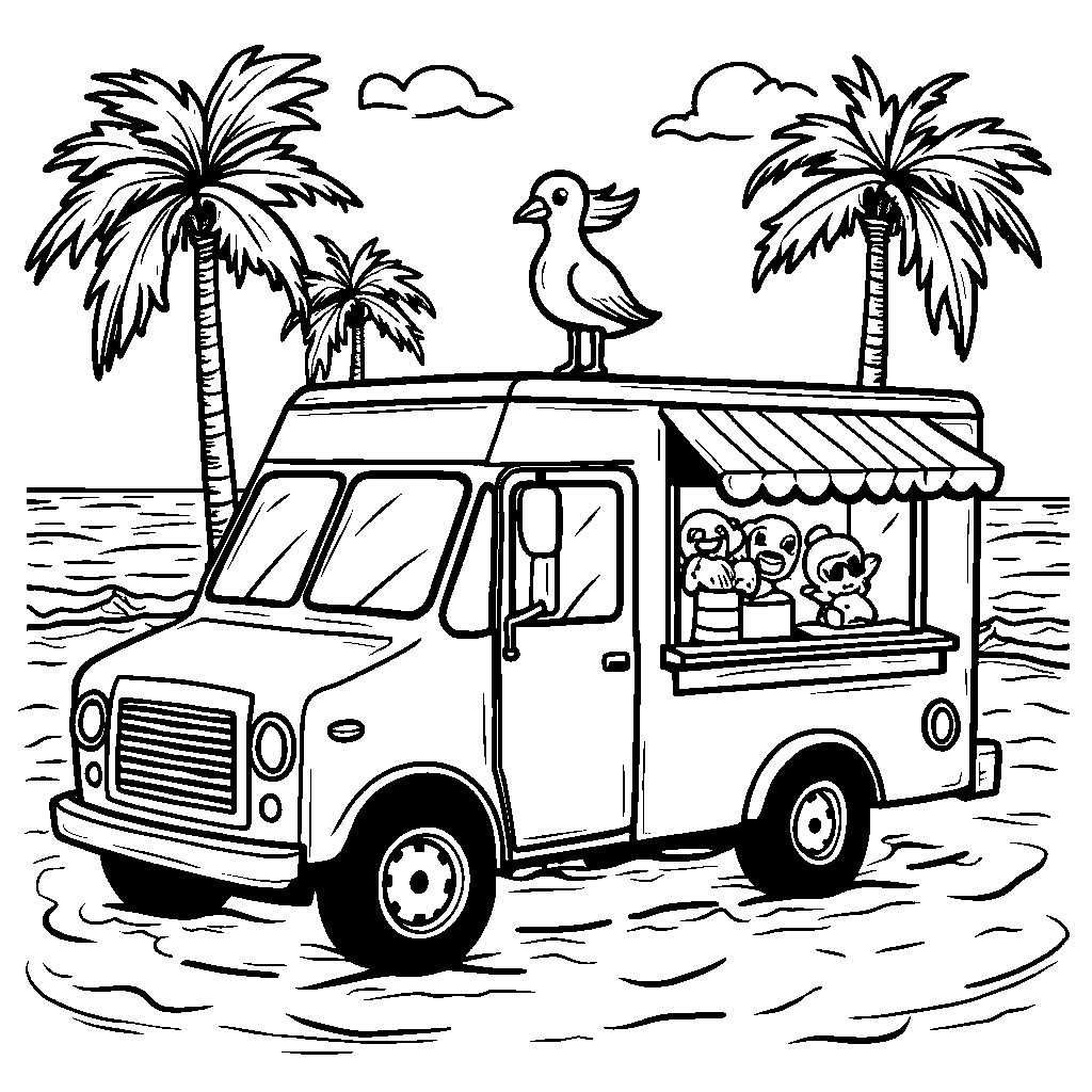 Ice cream truck parked in front of a beach scene