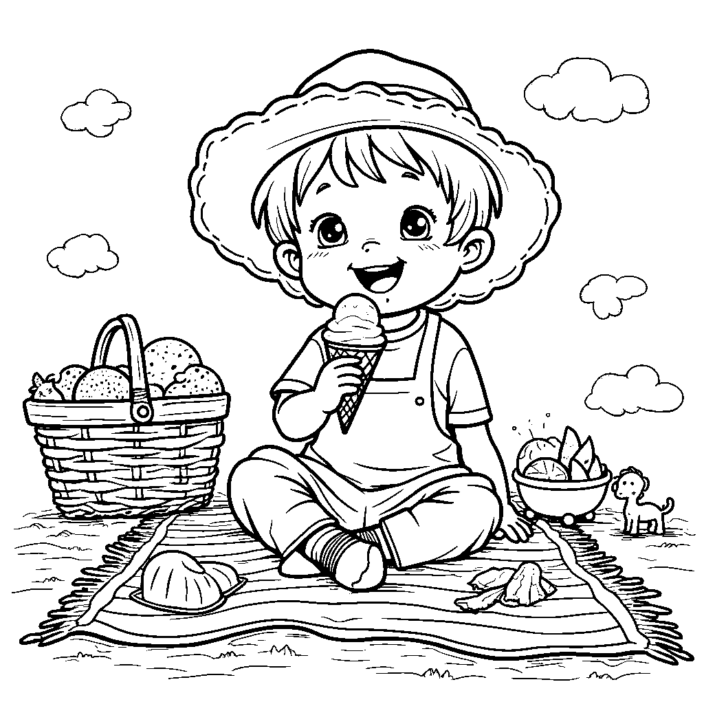 A kid eating an ice cream cone on a picnic blanket