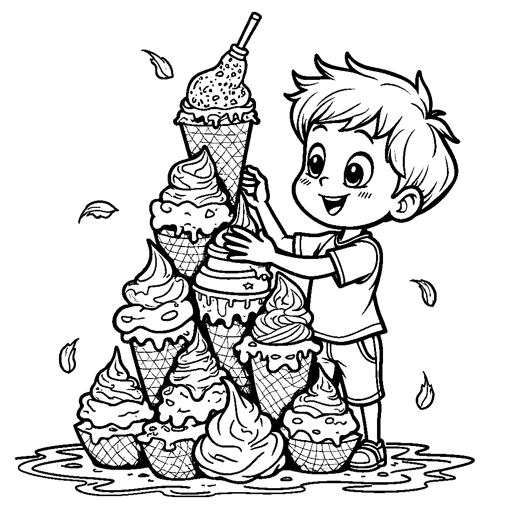 A kid making an ice cream cone tower