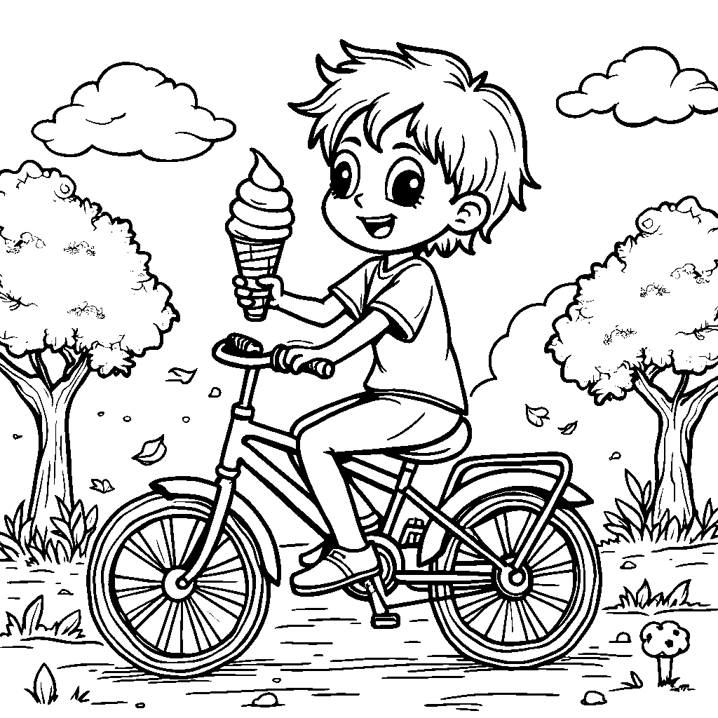 Kid riding a bike with an ice cream cone in hand