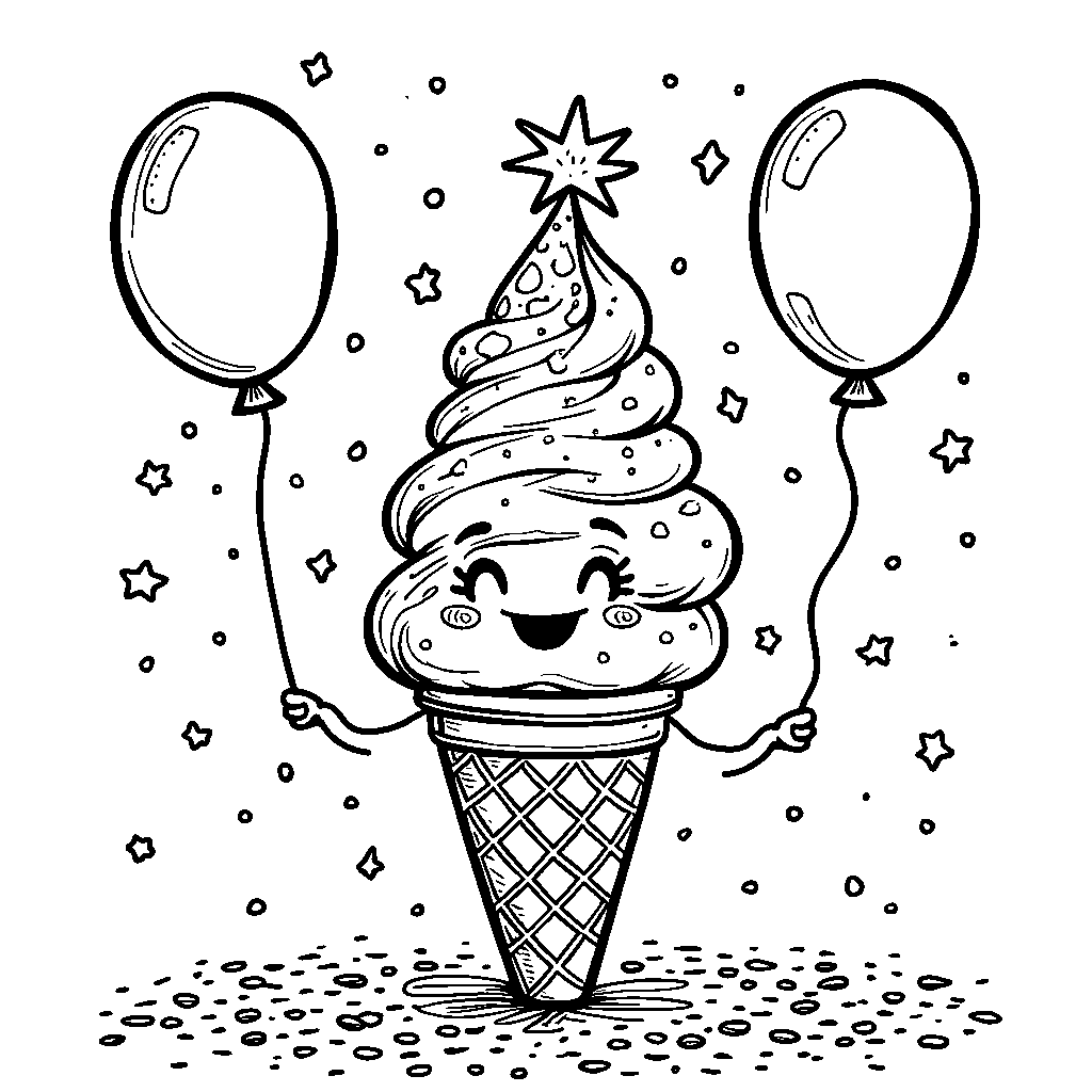 Smiling ice cream cone with a party hat