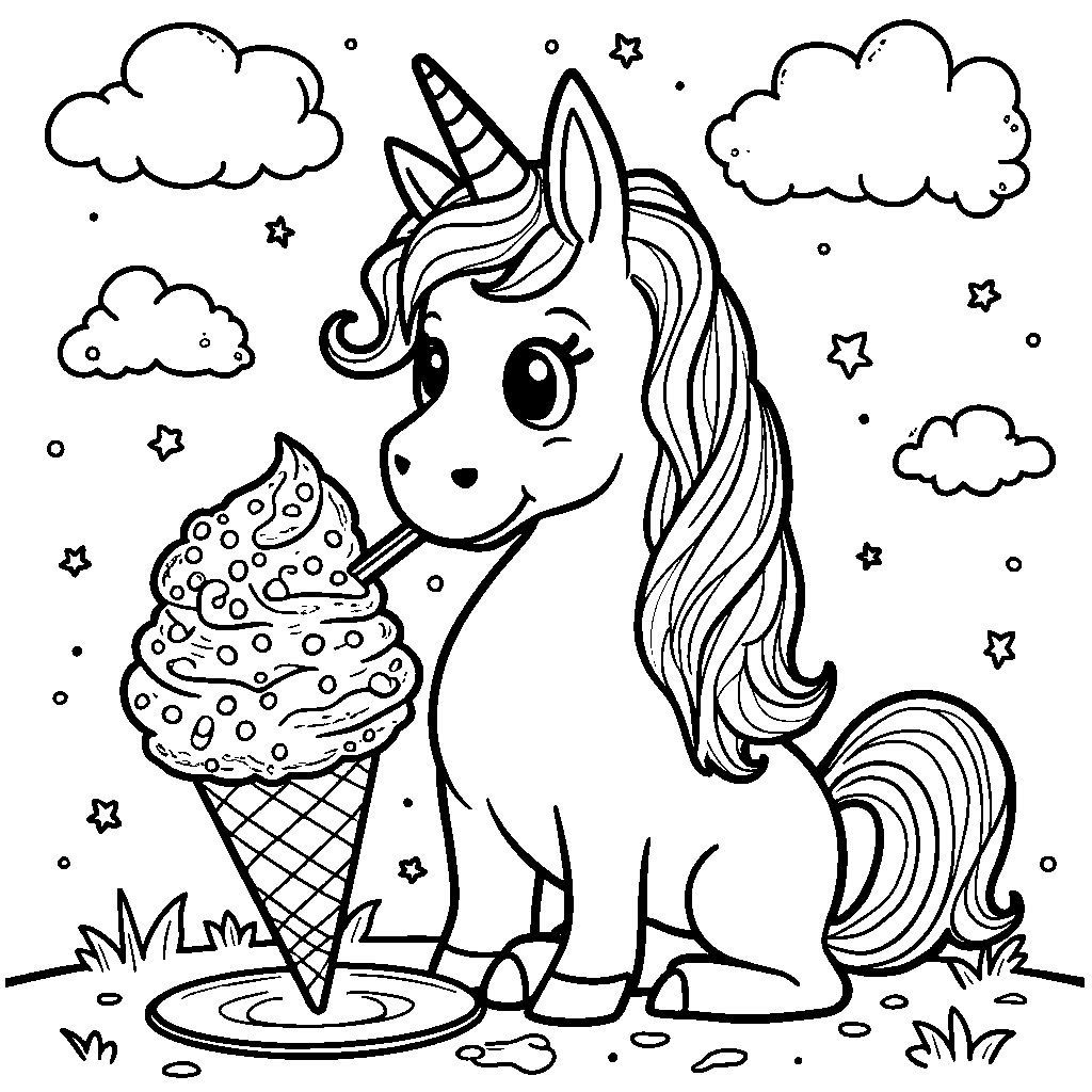 Unicorn eating an ice cream cone with rainbow sprinkles