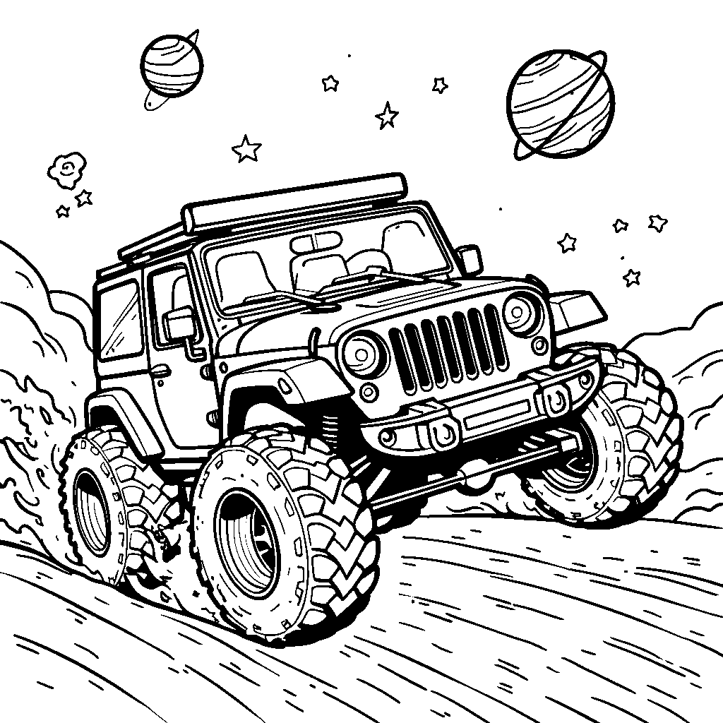 A futuristic jeep flying through space