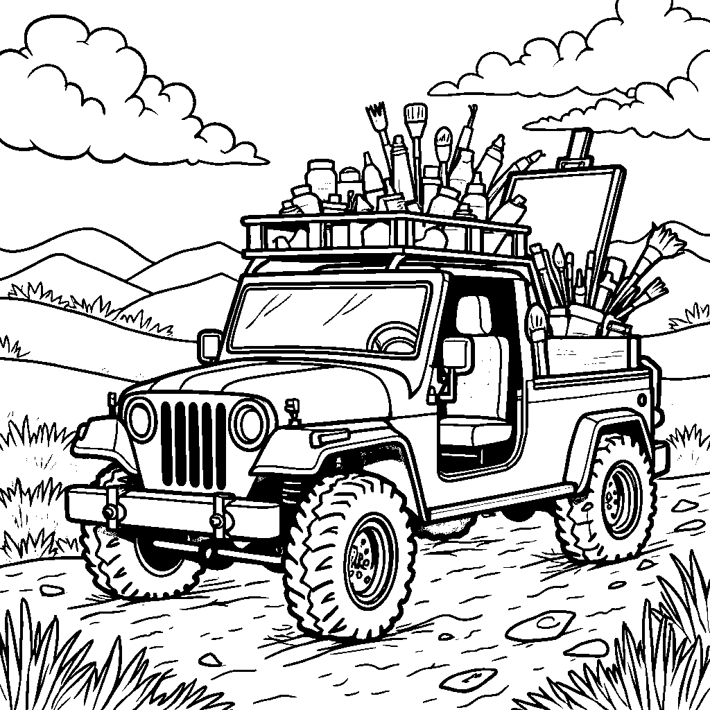 A jeep carrying a bunch of art supplies