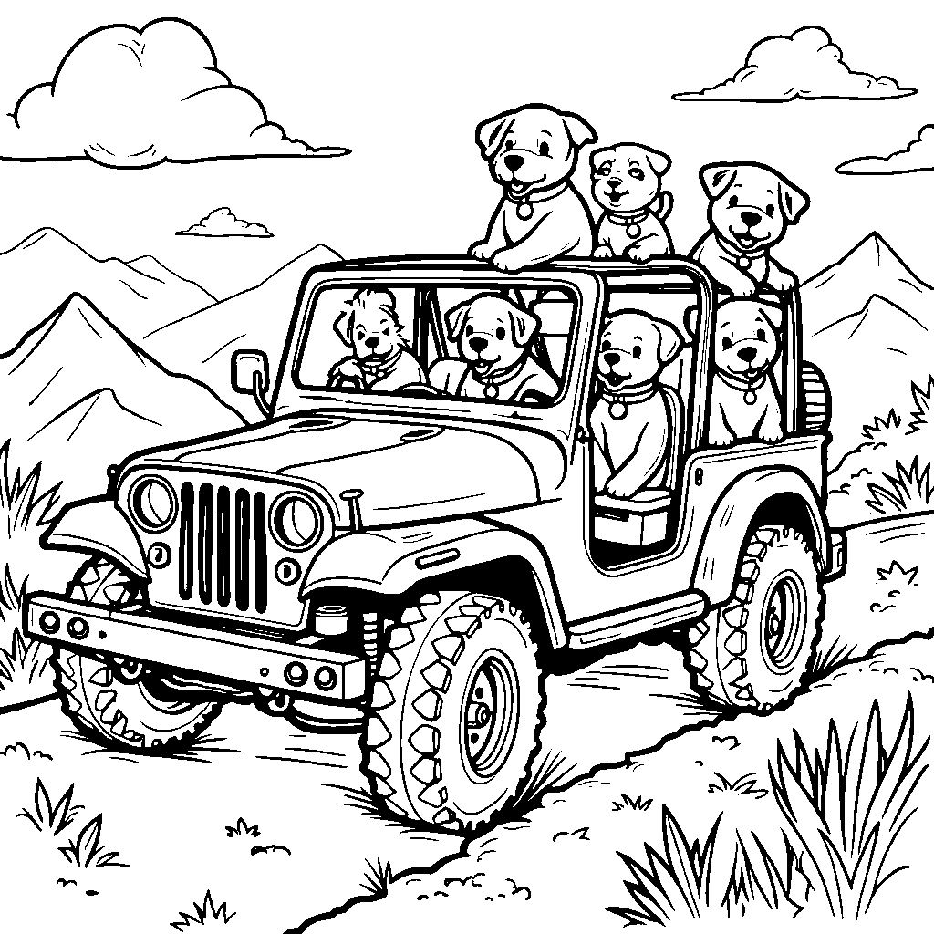 A jeep carrying a bunch of happy puppies