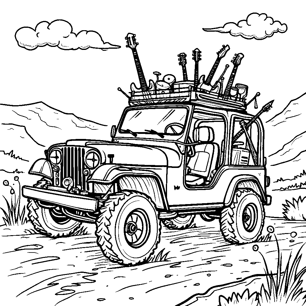 A jeep carrying a bunch of musical instruments