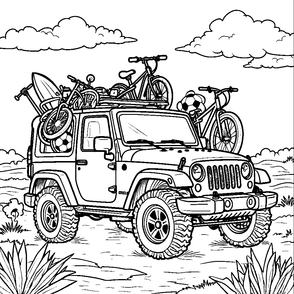 A jeep carrying a bunch of sports equipment