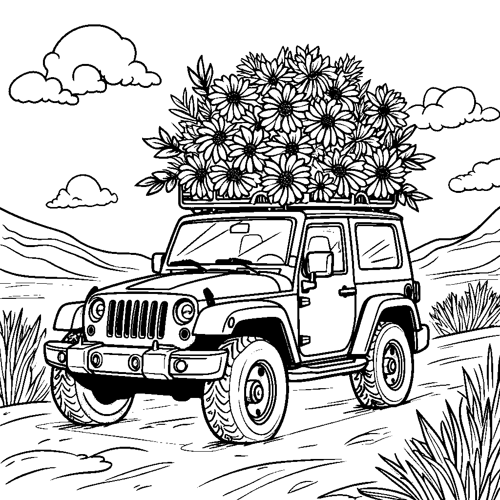 A jeep carrying a giant bouquet of flowers