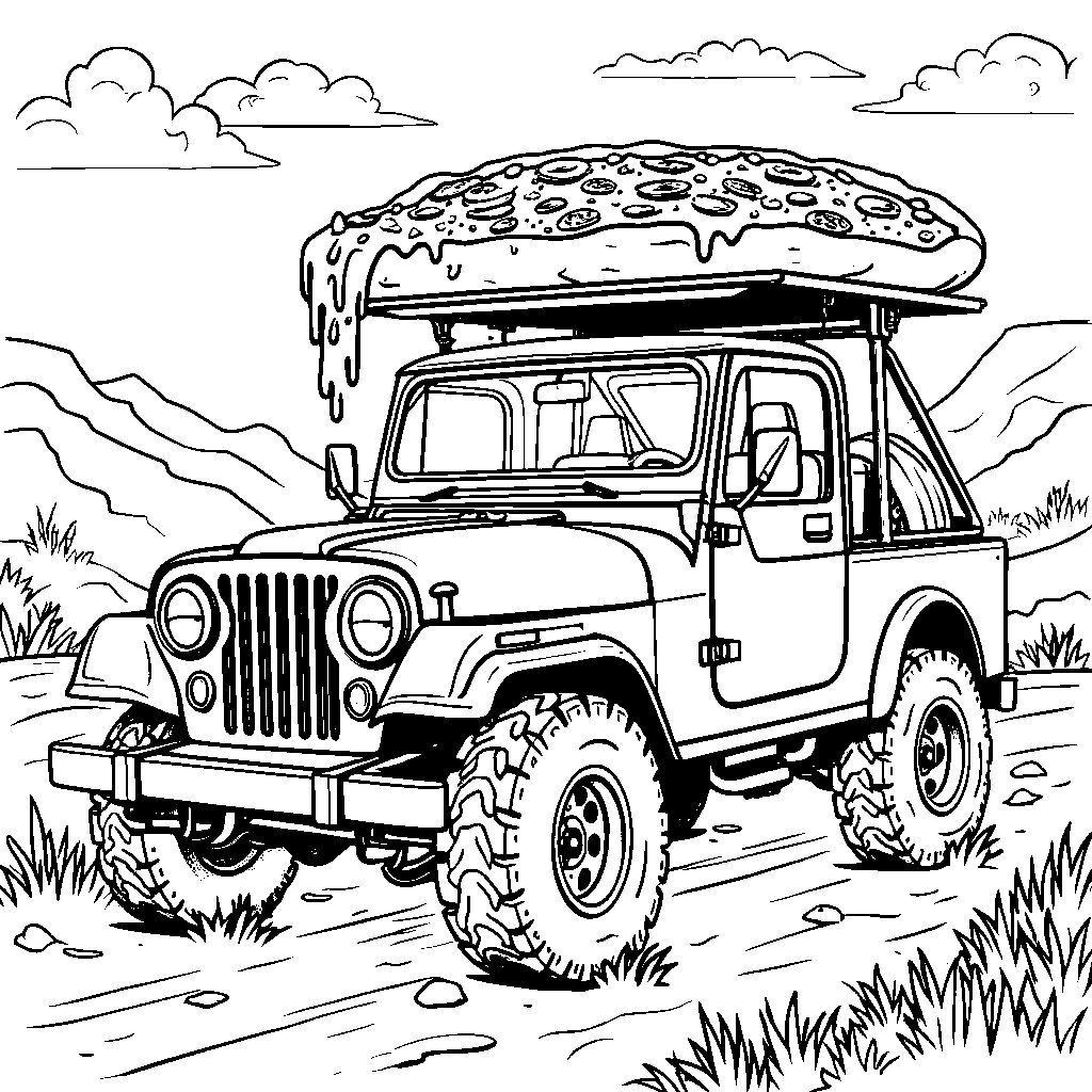 A jeep carrying a giant pizza