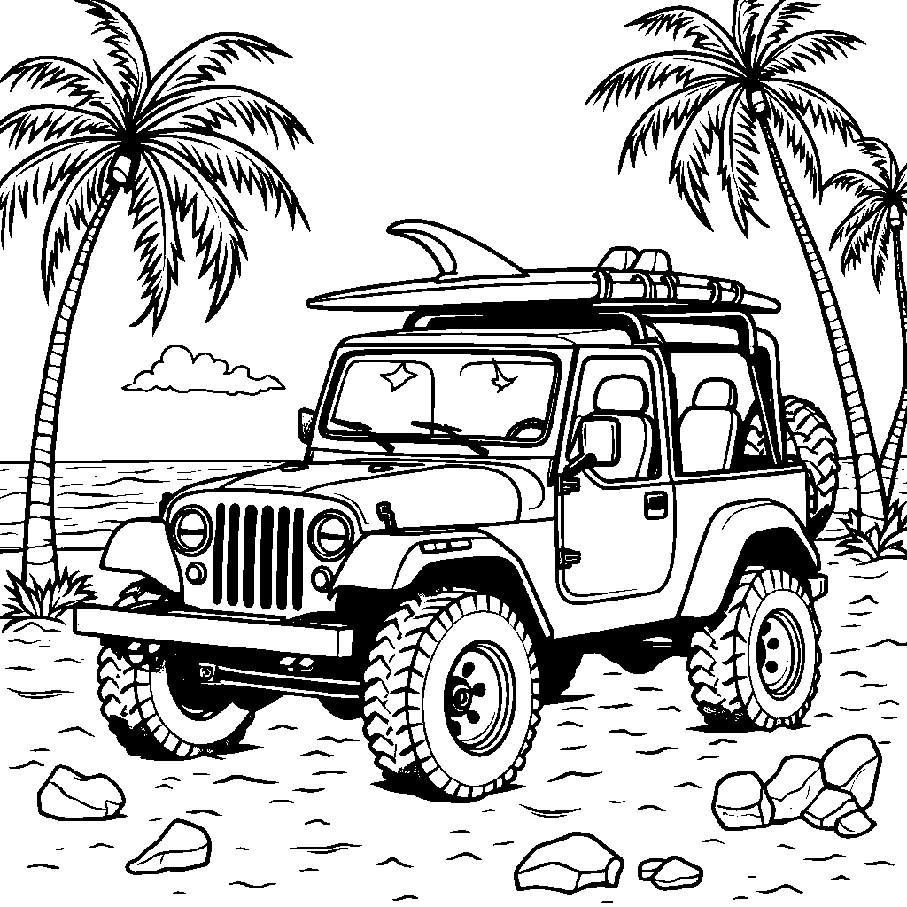 A jeep carrying a surfboard to the beach