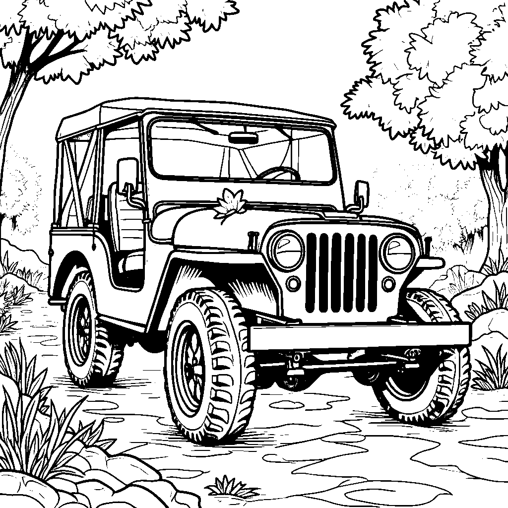 A jeep driving through a beautiful autumn landscape