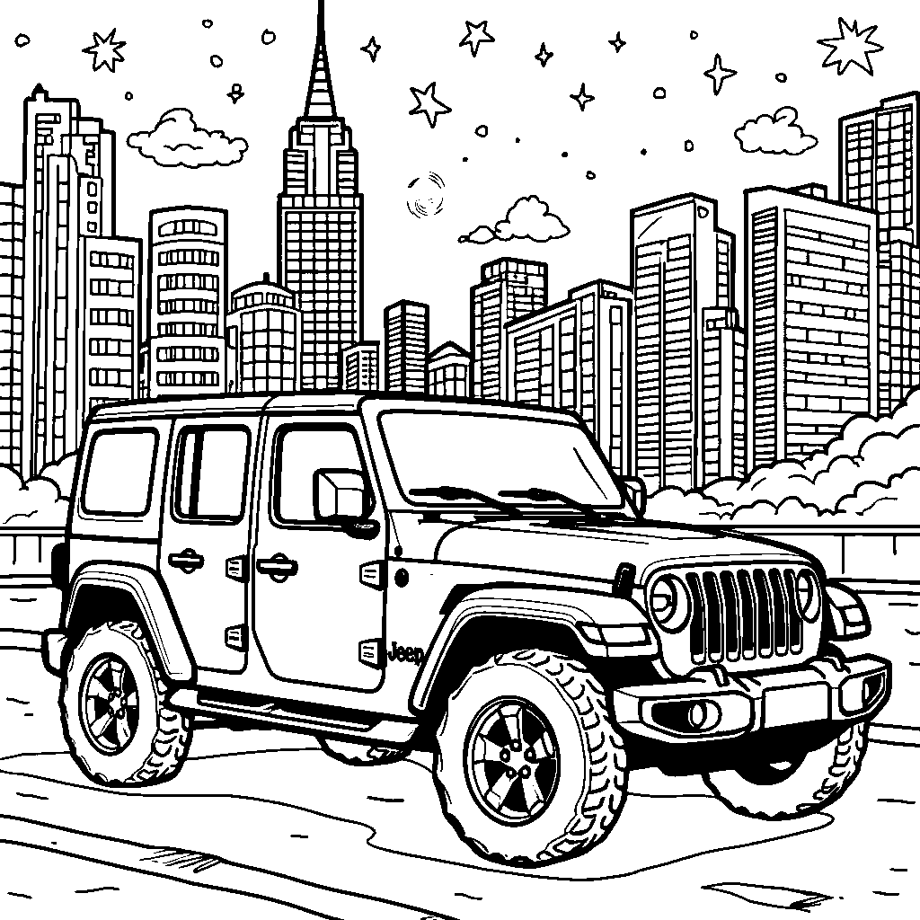 A jeep driving through a beautiful nighttime cityscape