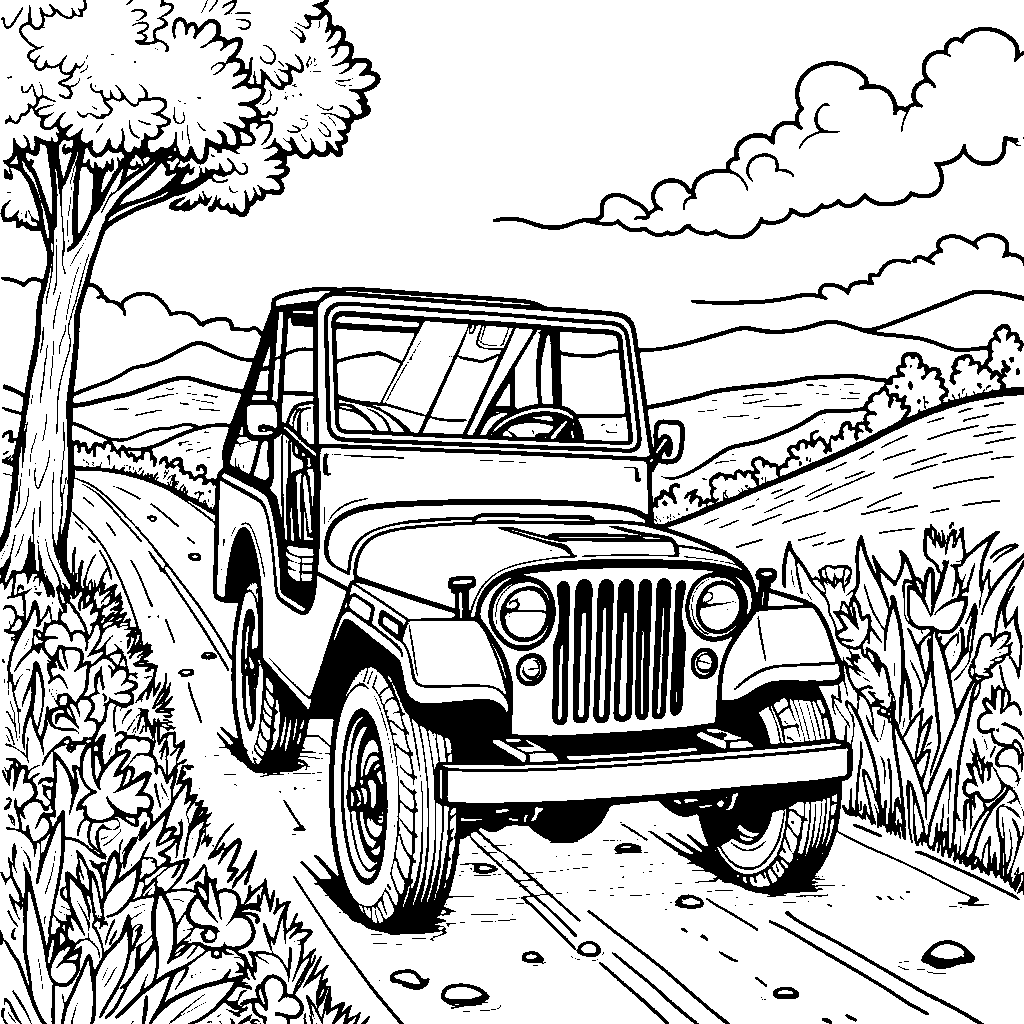 A jeep driving through a beautiful spring landscape