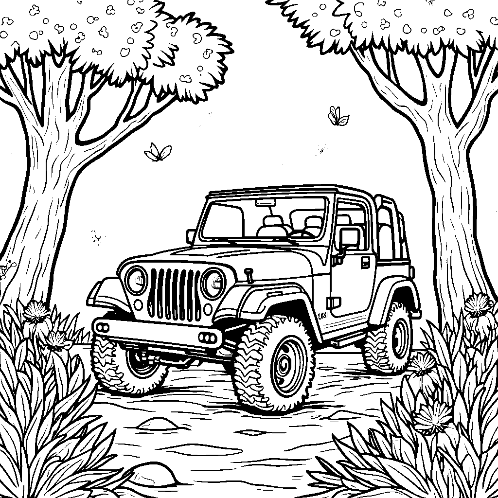 A jeep driving through a magical fairy forest